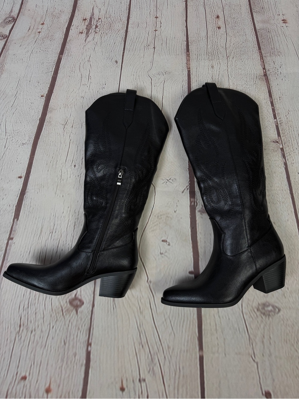 Women's NEW black western cowgirl knee-high heeled pointed toe boots, size 6 - Picture 10 of 16